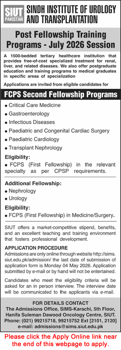 SIUT Karachi FCPS Post Fellowship Training Program April 2026 Apply Online Latest