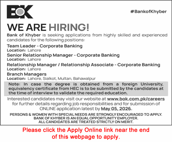 Bank of Khyber Jobs April 2026 May Apply Online Branch Managers & Others BOK Latest
