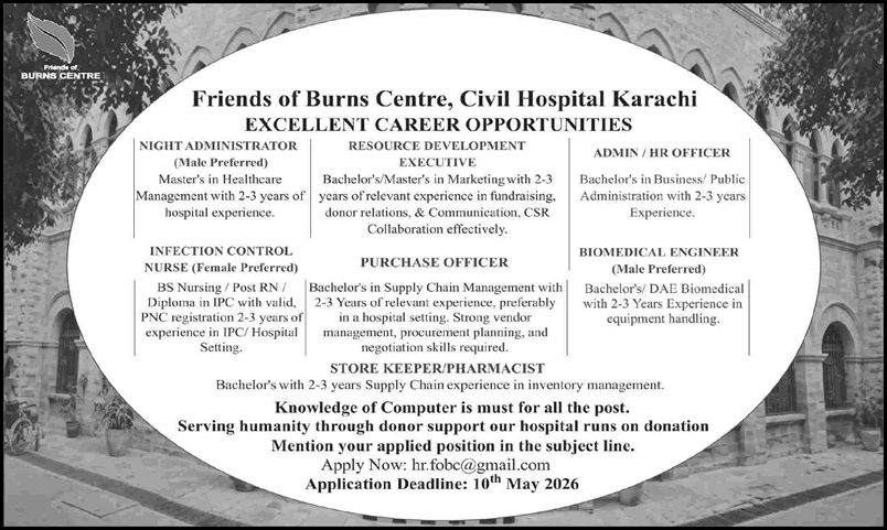 Friends of Burns Centre Karachi Jobs 2026 April / May Admin / HR Officer, Nurse & Others Civil Hospital Latest