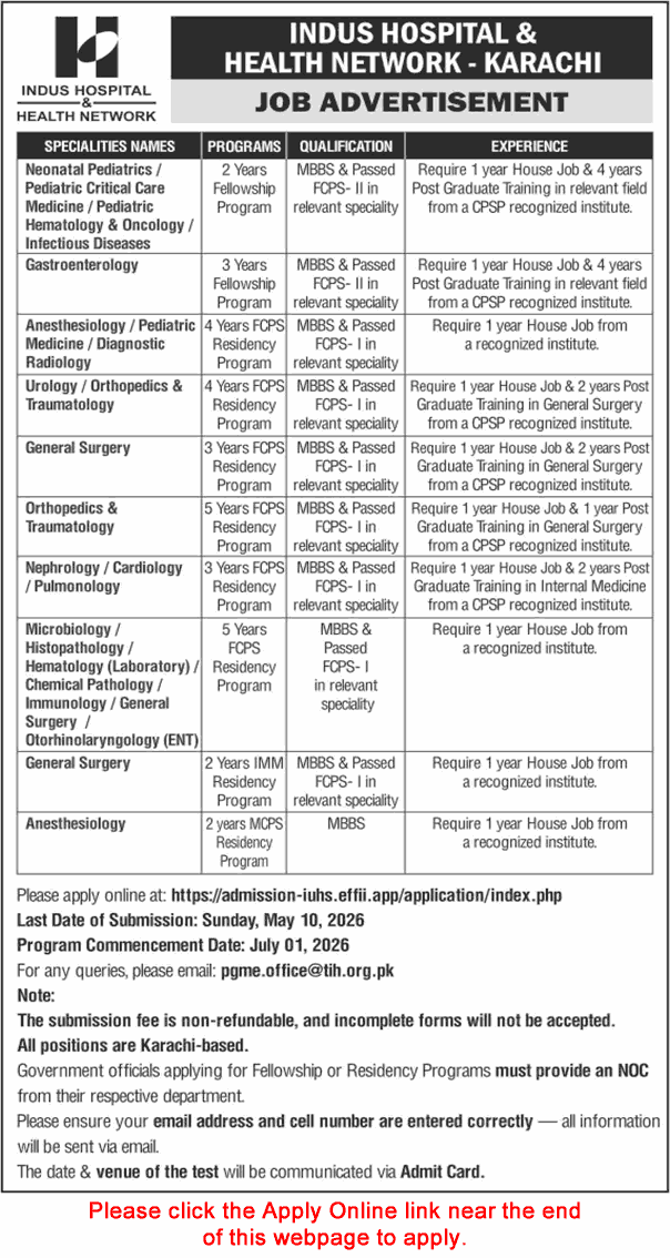 Indus Hospital Karachi Fellowship / Residency Program April 2026 May Apply Online PGME Latest