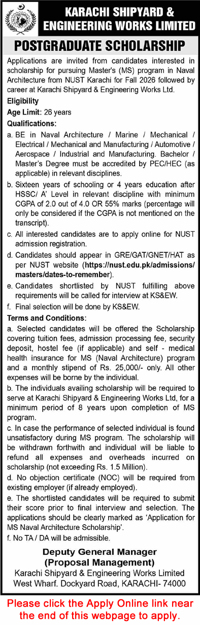 Karachi Shipyard and Engineering Works Postgraduate Scholarships 2026 April / May Apply Online KSEW Latest