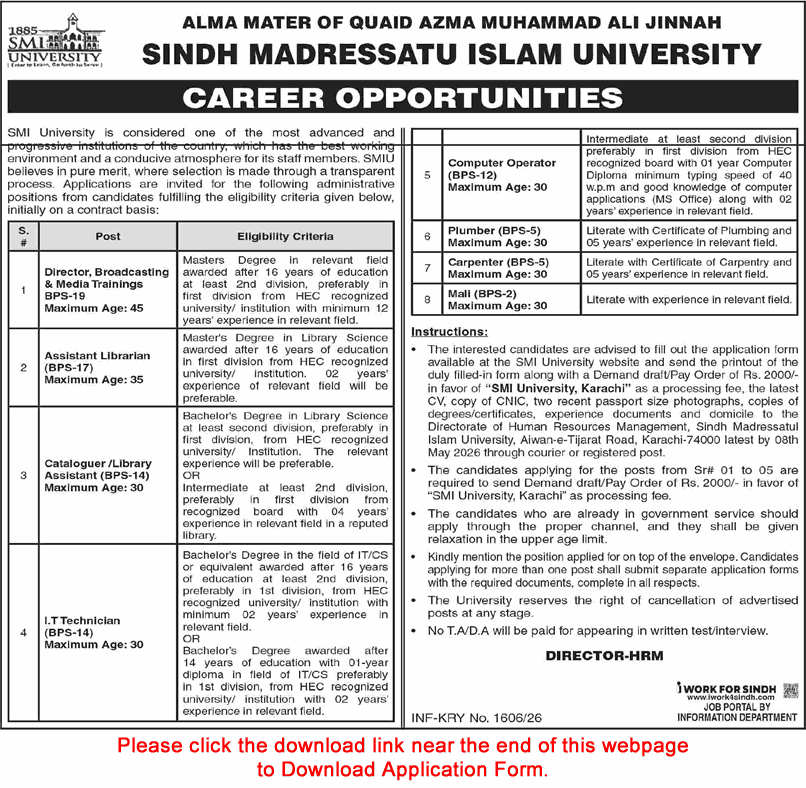 Sindh Madressatul Islam University Karachi Jobs 2026 April / May Apply Online IT Technician, Computer Operator & Others Latest