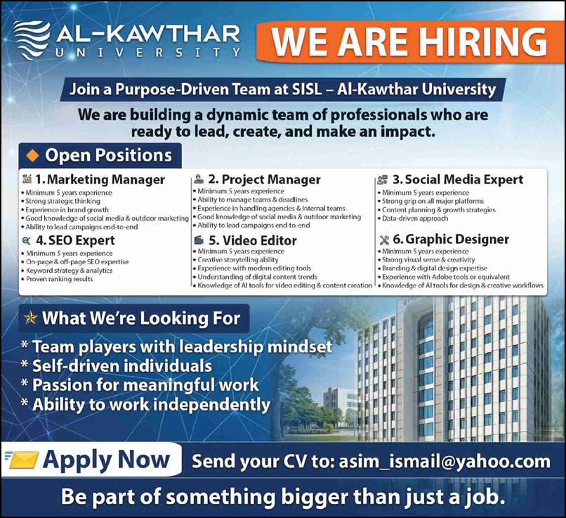 Al Kawthar University Karachi Jobs 2026 May Marketing Manager, Graphic Designer & Others Latest