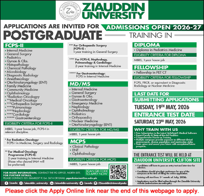 Ziauddin University Karachi Postgraduate Training 2026 May Apply Online Latest