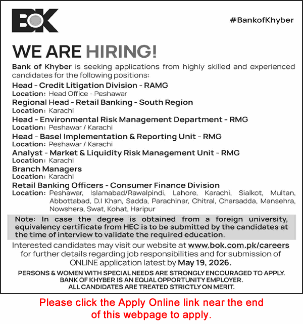 Bank of Khyber Jobs May 2026 Apply Online Retail Banking Officers & Others BOK Latest