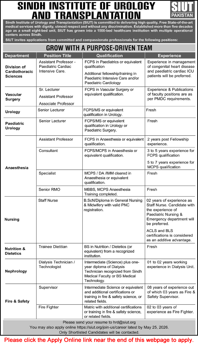 SIUT Hospital Karachi Jobs May 2026 Apply Online Teaching Faculty, Staff Nurses & Others Latest