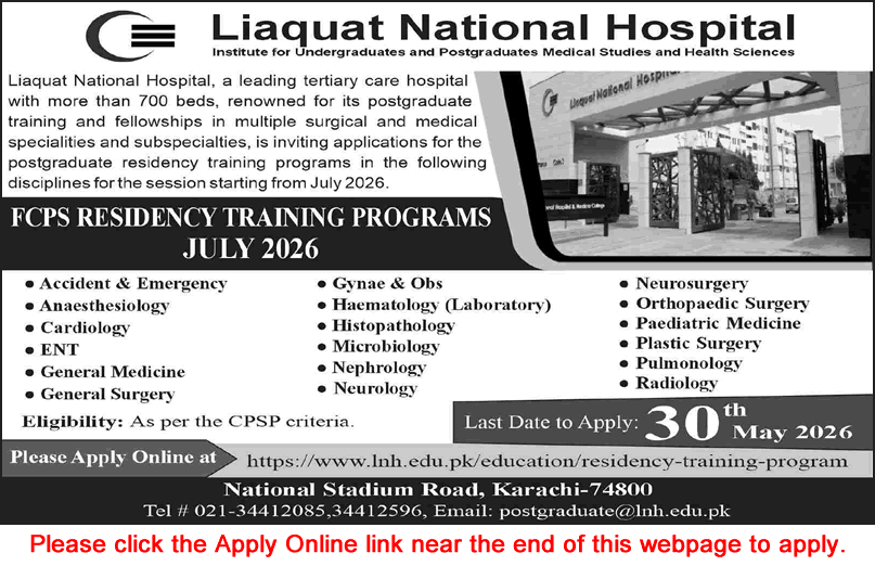 Liaquat National Hospital Karachi FCPS Residency Training Program 2026 May Apply Online Latest