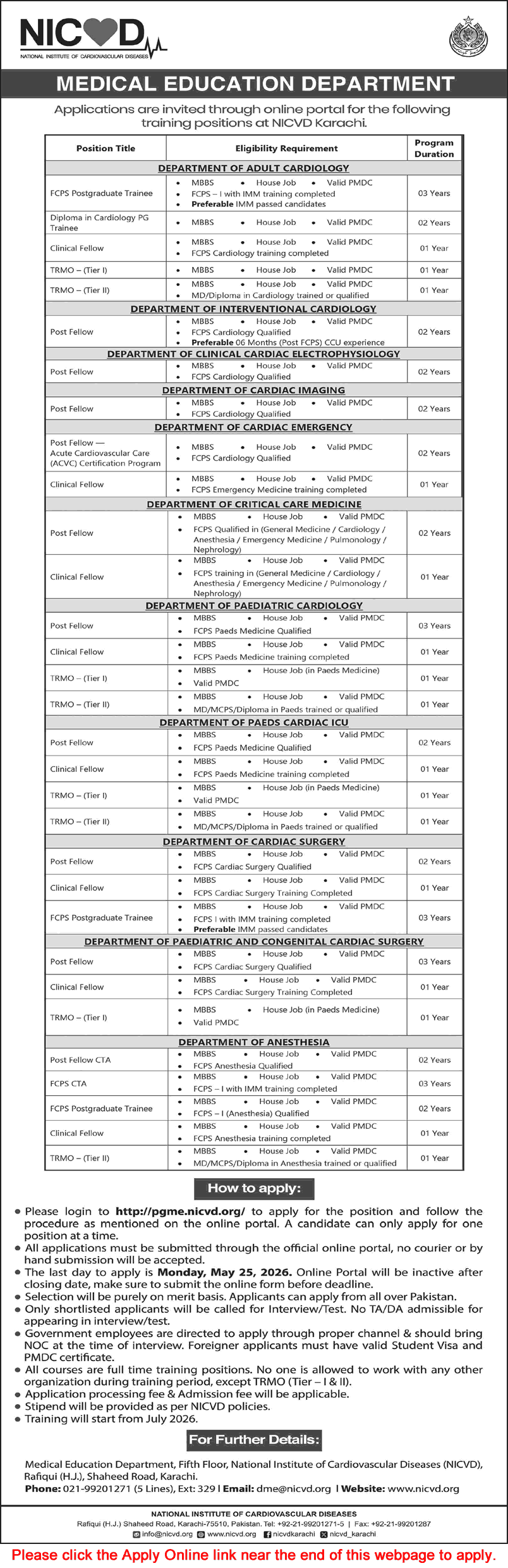 NICVD Karachi Jobs May 2026 Fellowship Training Program Apply Online National Institute of Cardiovascular Diseases Latest