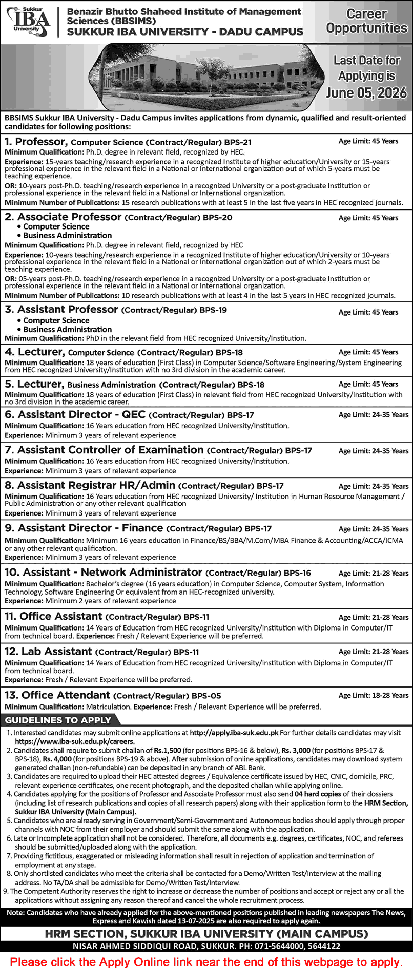 Sukkur IBA University Dadu Campus Jobs May 2026 Apply Online Teaching Faculty & Others BBSIMS Latest