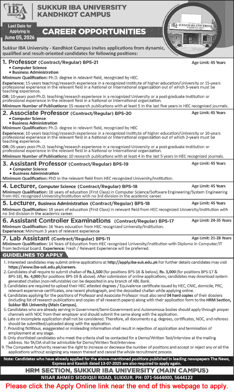 Sukkur IBA University Kandhkot Campus Jobs 2026 May Apply Online Teaching Faculty & Others Latest