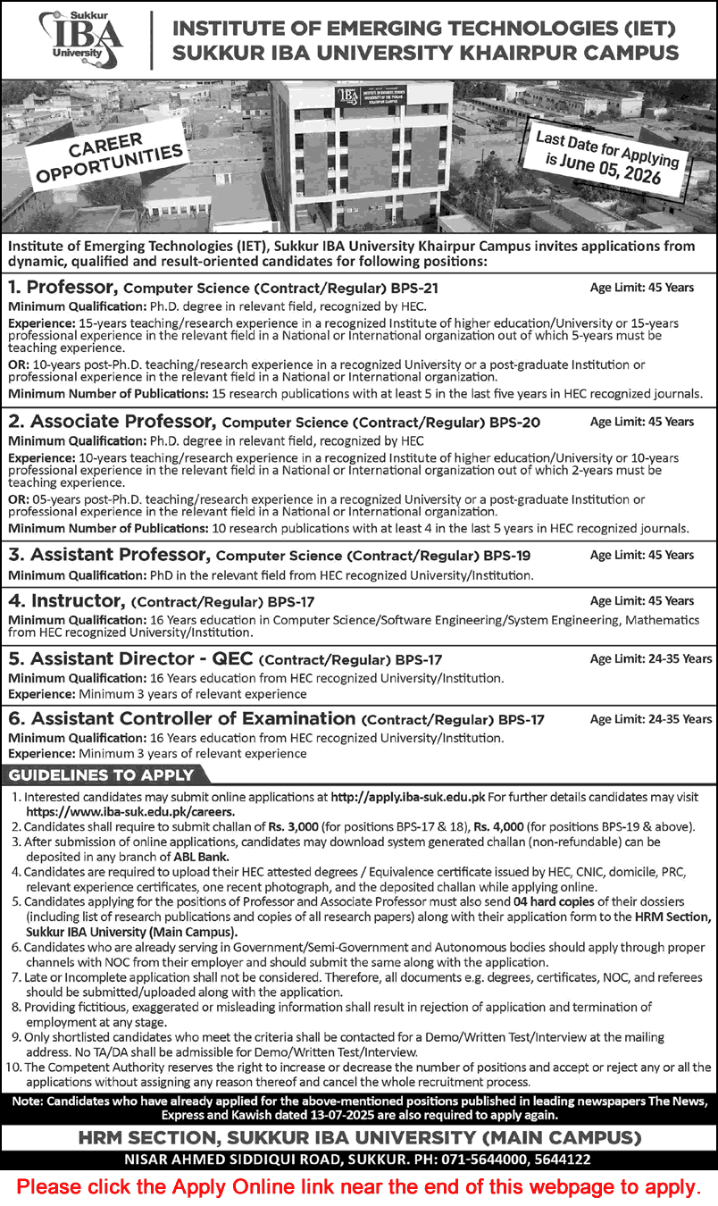 Sukkur IBA University Khairpur Campus Jobs 2026 May Apply Online Teaching Faculty & Others Latest