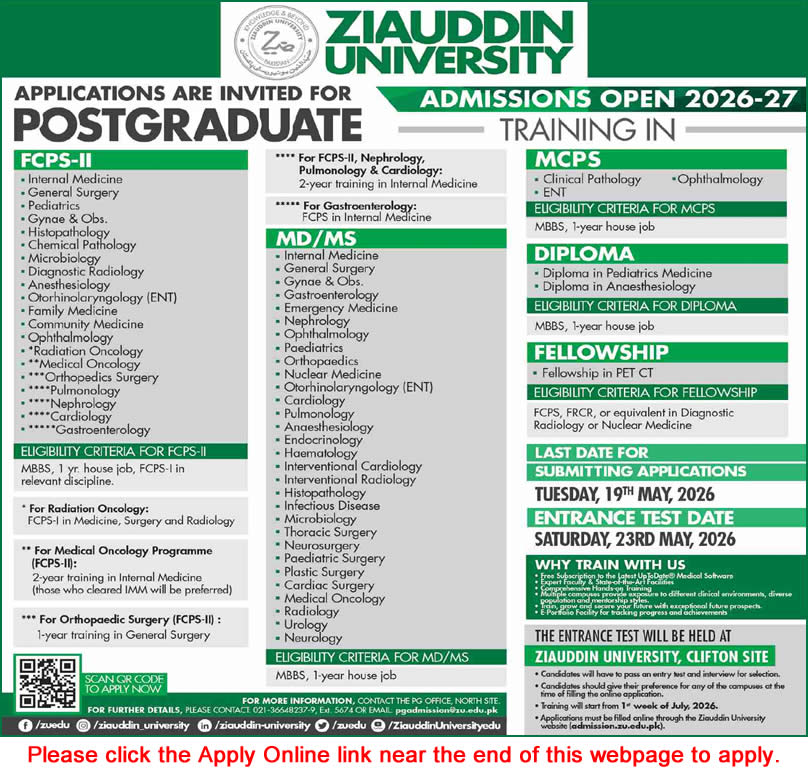 Ziauddin University Karachi Postgraduate Training May 2026 Apply Online Latest