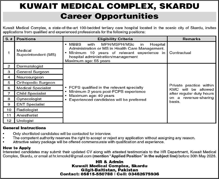 Kuwait Medical Complex Skardu Jobs 2026 May Specialist Doctors & Medical Superintendent Latest