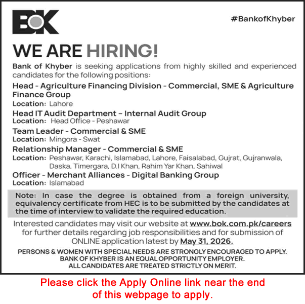 Bank of Khyber Jobs May 2026 Apply Online Relationship Managers & Others BOK Latest