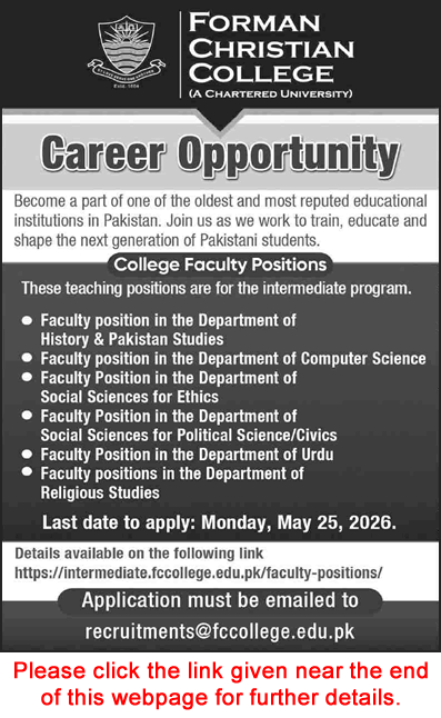 Forman Christian College Lahore Jobs May 2026 Teaching Faculty Latest