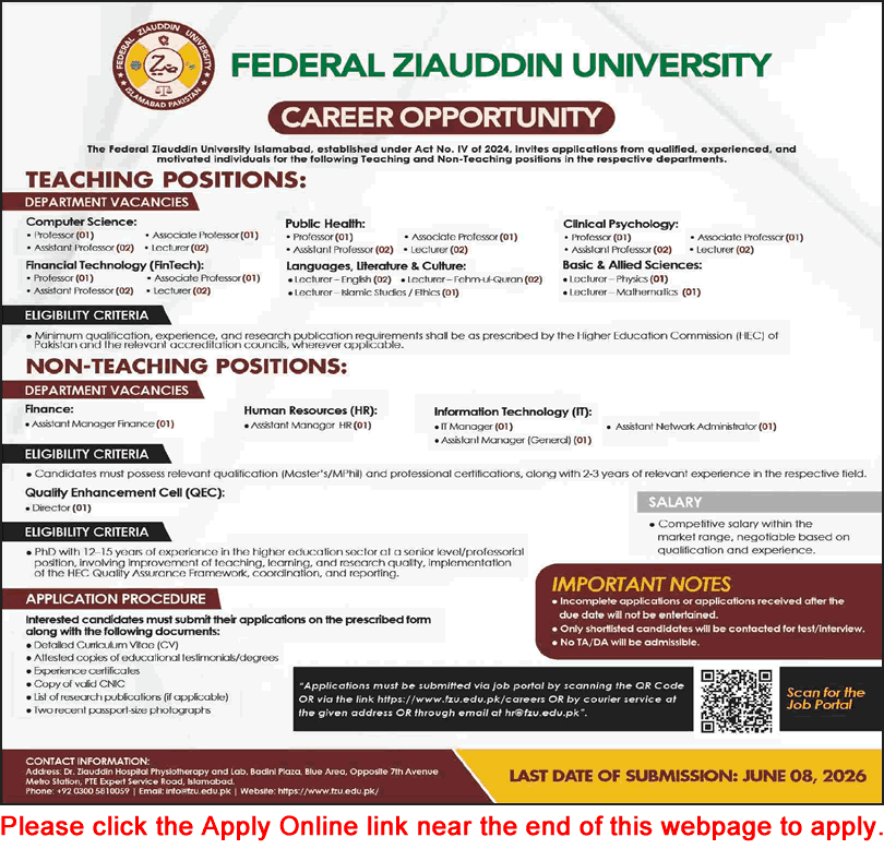 Federal Ziauddin University Islamabad Jobs 2026 May Apply Online Teaching Faculty & Others FZU Latest