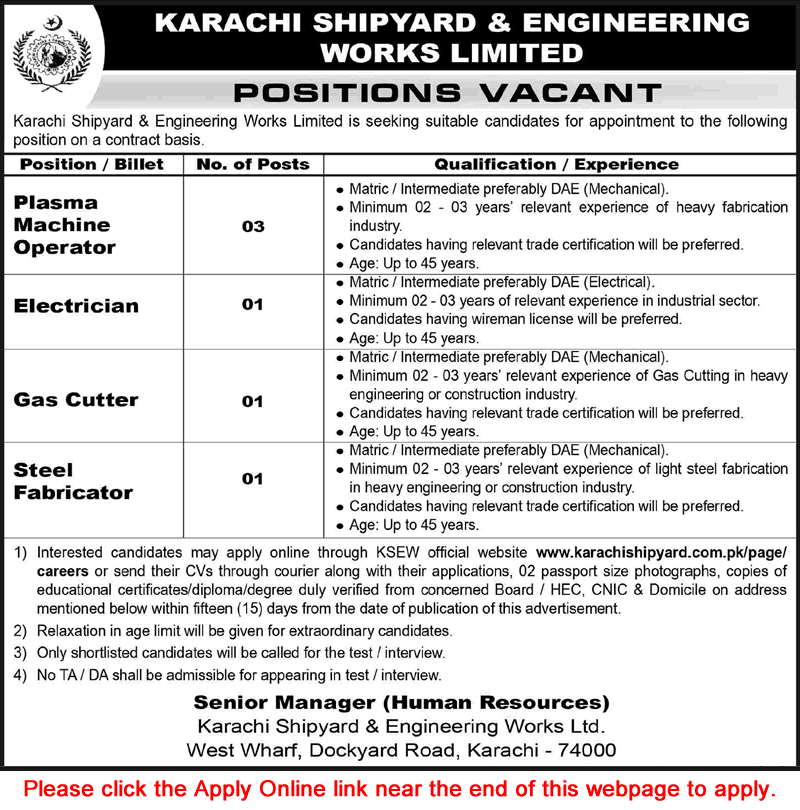 Karachi Shipyard and Engineering Works Jobs May 2026 Apply Online Plasma Machine Operator & Others KSEW Latest