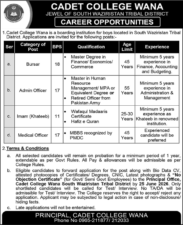Cadet College Wana Jobs May 2026 Admin Officer, Bursar, Khateeb & Medical Officer Latest