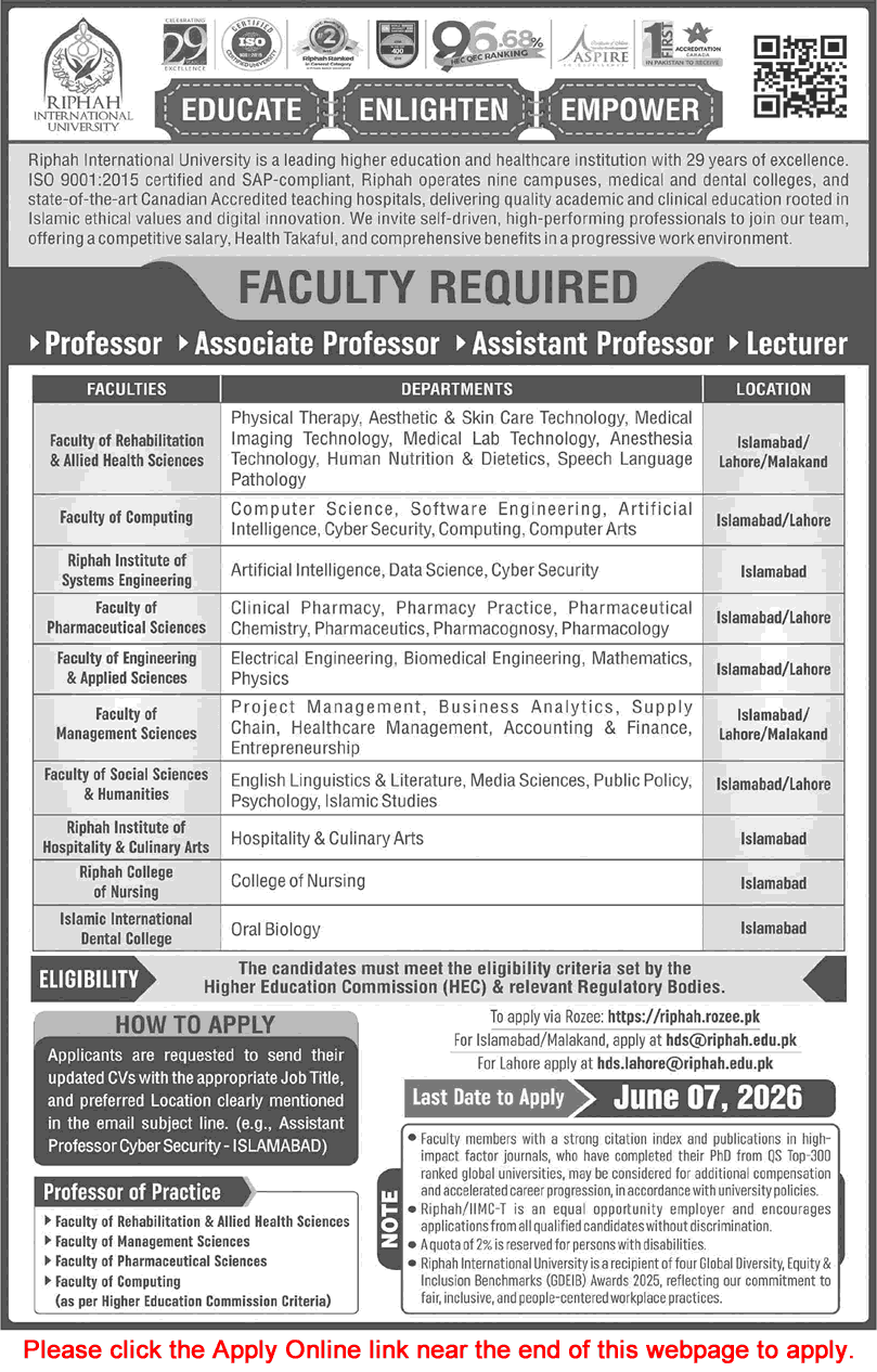 Riphah International University Jobs May 2026 Apply Online Teaching Faculty RIU Latest