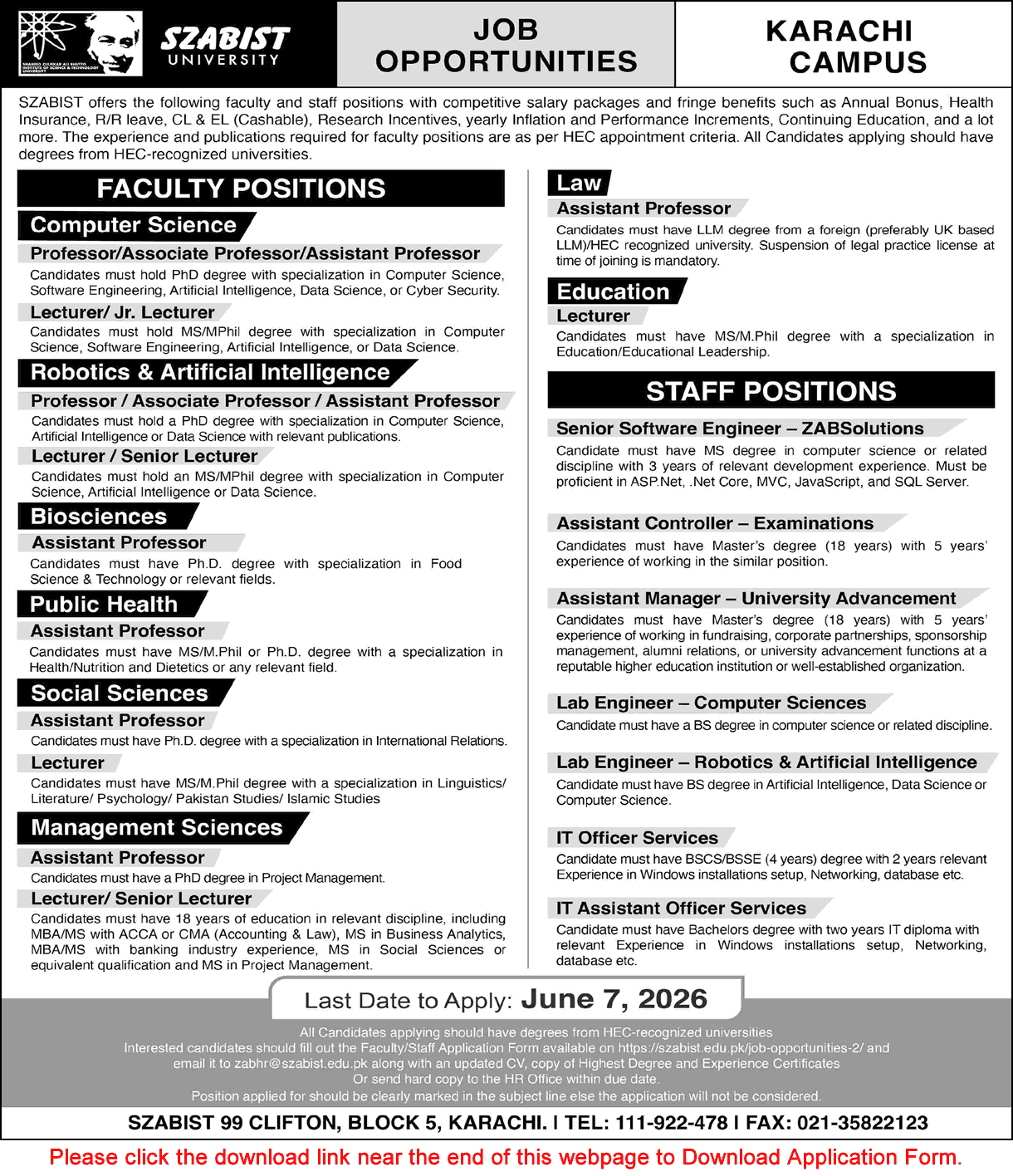 SZABIST University Karachi Jobs 2026 May Application Form Teaching Faculty & Others Latest