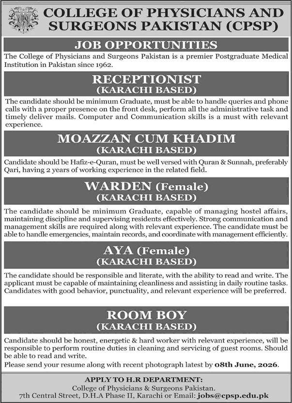 CPSP Karachi Jobs May 2026 Receptionist, Warden, Room Boy & Others College of Physician & Surgeons Pakistan Latest