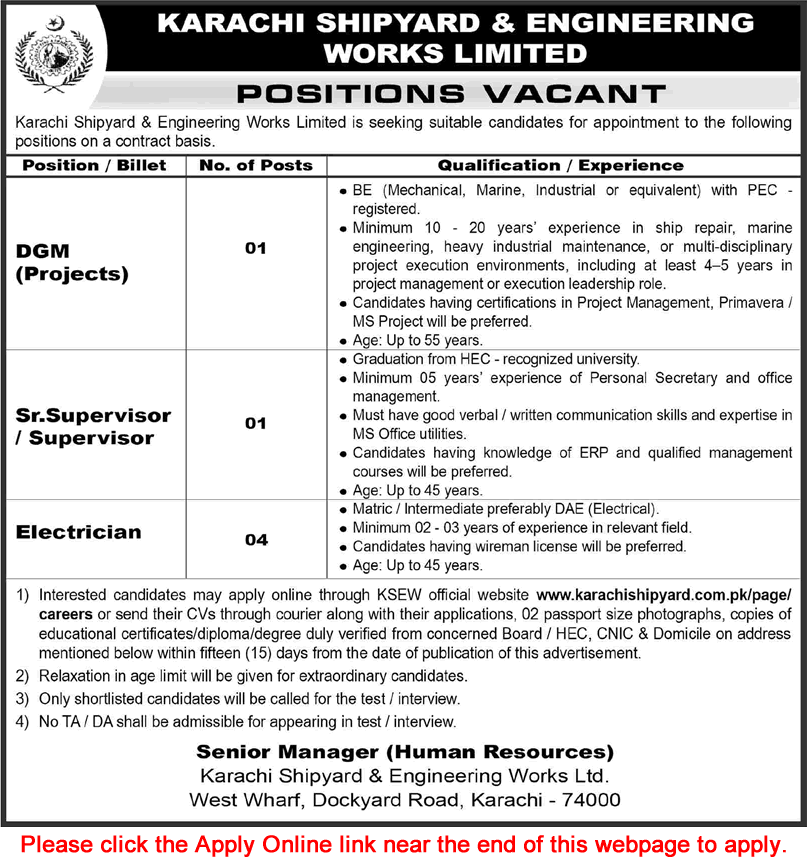 Karachi Shipyard and Engineering Works Jobs May 2026 Apply Online Electricians & Others KSEW Latest