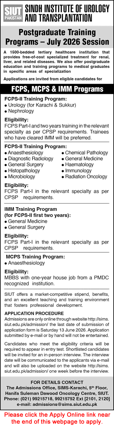 SIUT Karachi Postgraduate Training Program 2026 May Apply Online Latest