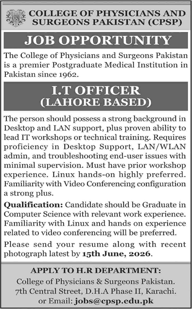 IT Officer Jobs in CPSP Lahore May 2026 June College of Physicians and Surgeons Pakistan Latest