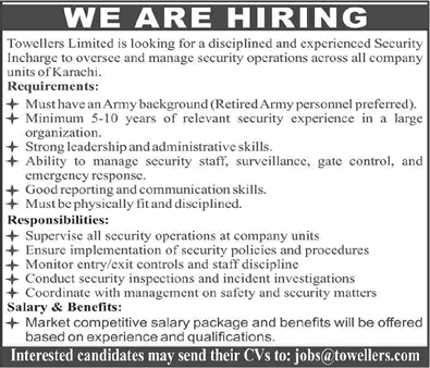 Security Incharge Jobs in Karachi May 2026 June at Towellers Limited Latest