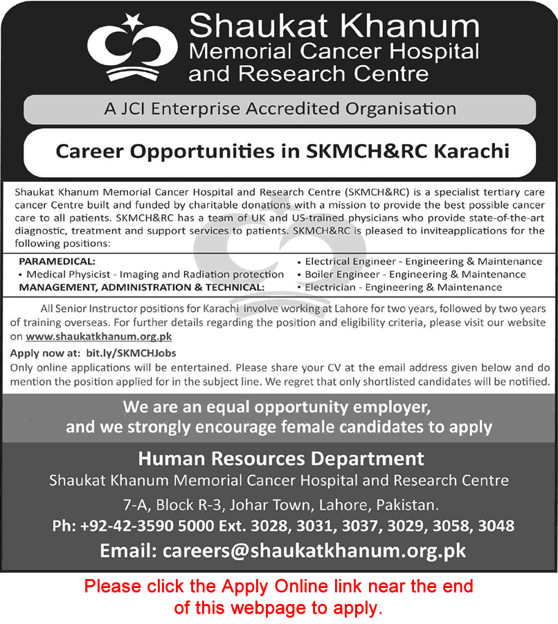 Shaukat Khanum Hospital Karachi Jobs June 2026 Apply Online Electrical / Boiler Engineers & Others SKMCH&RC Latest