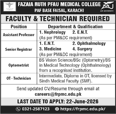 Fazaia Ruth PFAU Medical College Karachi Jobs June 2026 Teaching Faculty & Others PAF Latest