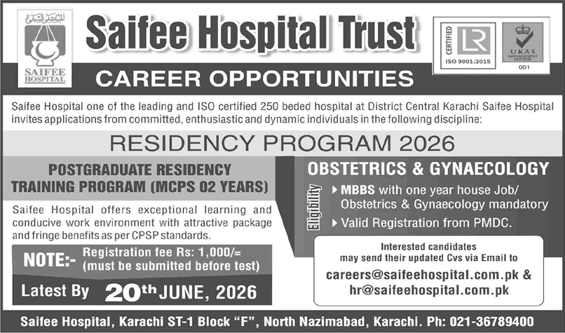 Saifee Hospital Karachi MCPS Postgraduate Residency Training Program 2026 June Latest