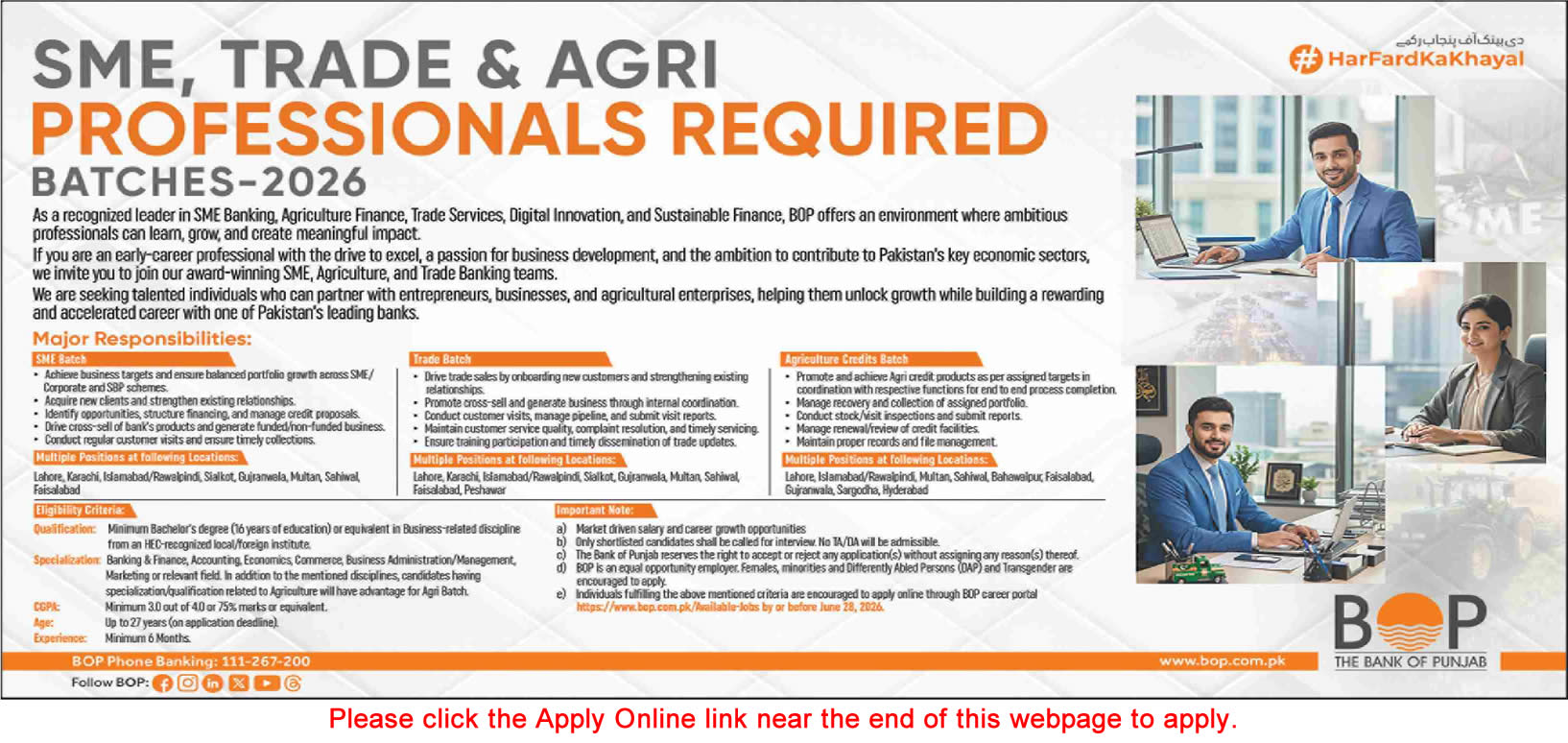 Bank of Punjab Jobs June 2026 Apply Online for SME / Trade / Agriculture Professionals BOP Latest