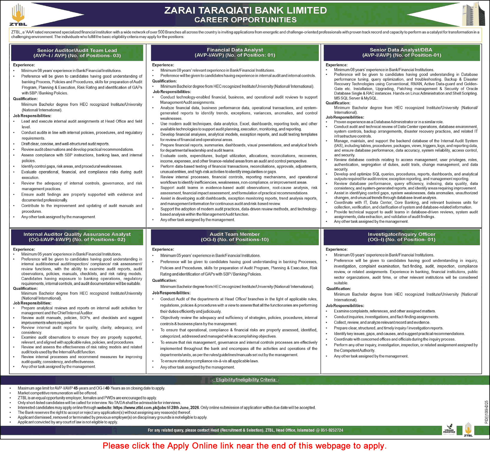 ZTBL Jobs June 2026 Apply Online Audit Team Members, Internal Auditor QA Analyst & Others Latest
