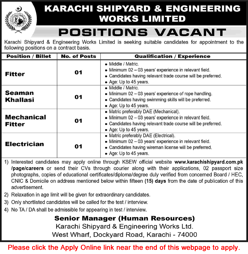 Karachi Shipyard and Engineering Works Jobs August 2026 Apply Online Electrician, Fitter & Others KSEW Latest