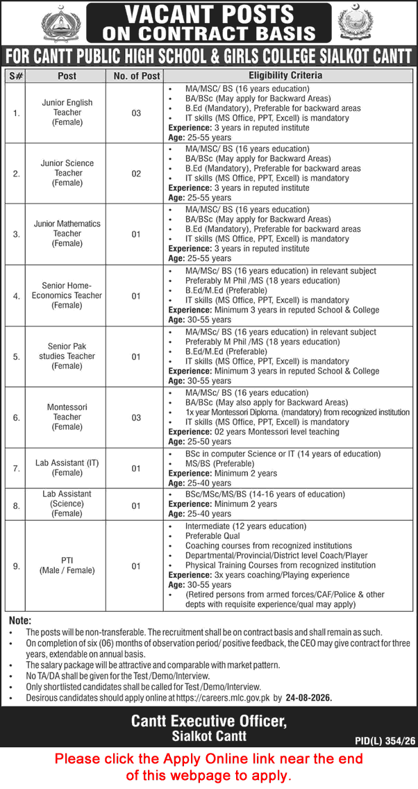 Cantt Public High School and Girls College Sialkot Jobs 2026 August Apply Online Teaching Faculty & Others Latest