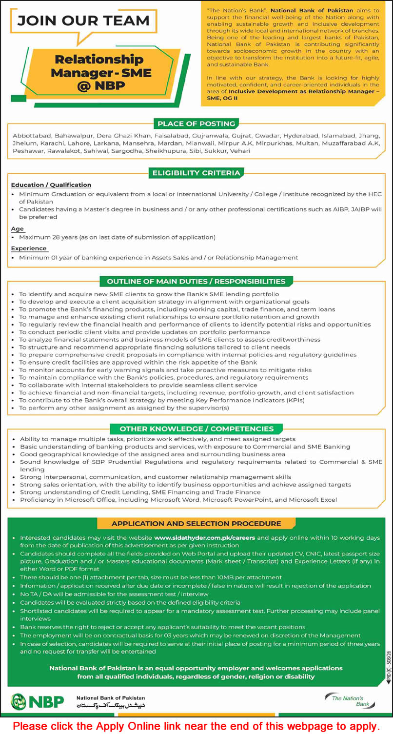 Relationship Manager Jobs in National Bank of Pakistan August 2026 Apply Online NBP Latest