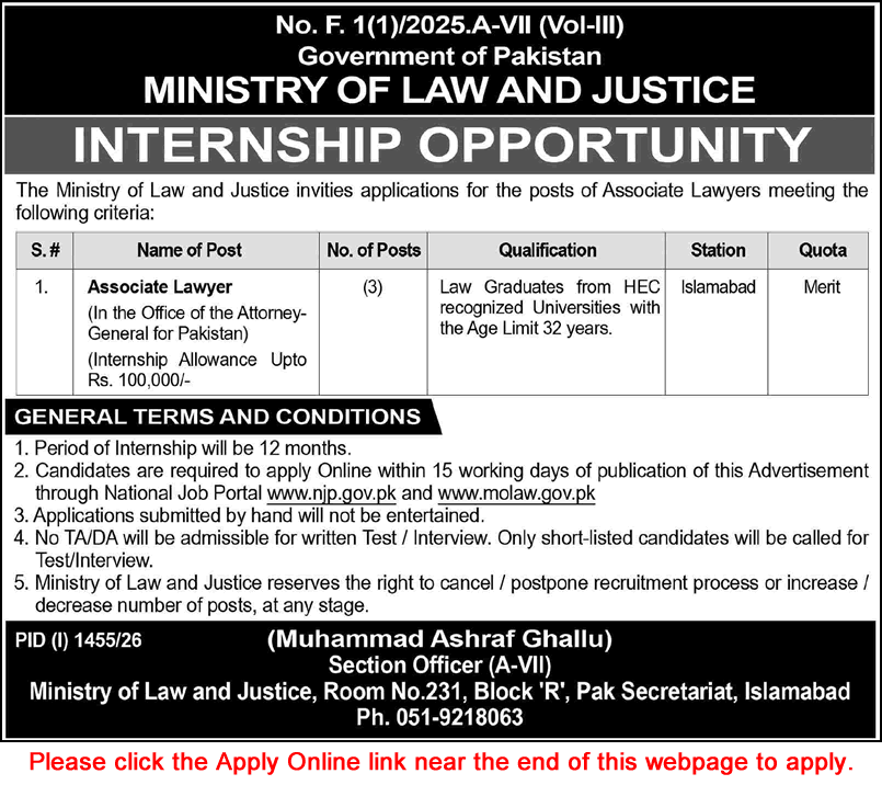 Associate Lawyer Jobs in Ministry of Law and Justice August 2026 Apply Online Internships Latest