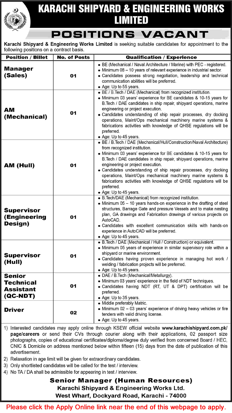 Karachi Shipyard and Engineering Works Jobs August 2026 Apply Online Assistant Managers & Others KSEW Latest