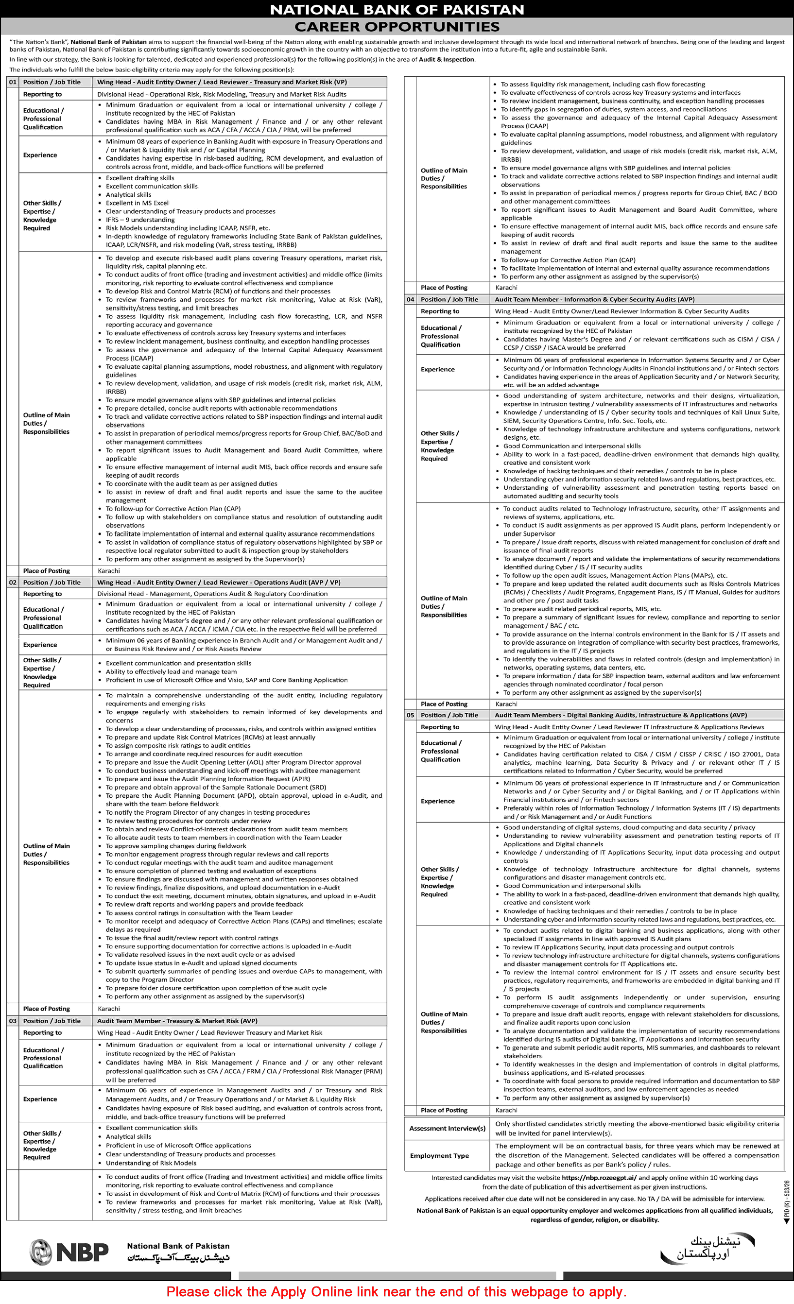 National Bank of Pakistan Jobs August 2026 Apply Online Audit Team Members & Wing Heads NBP Latest