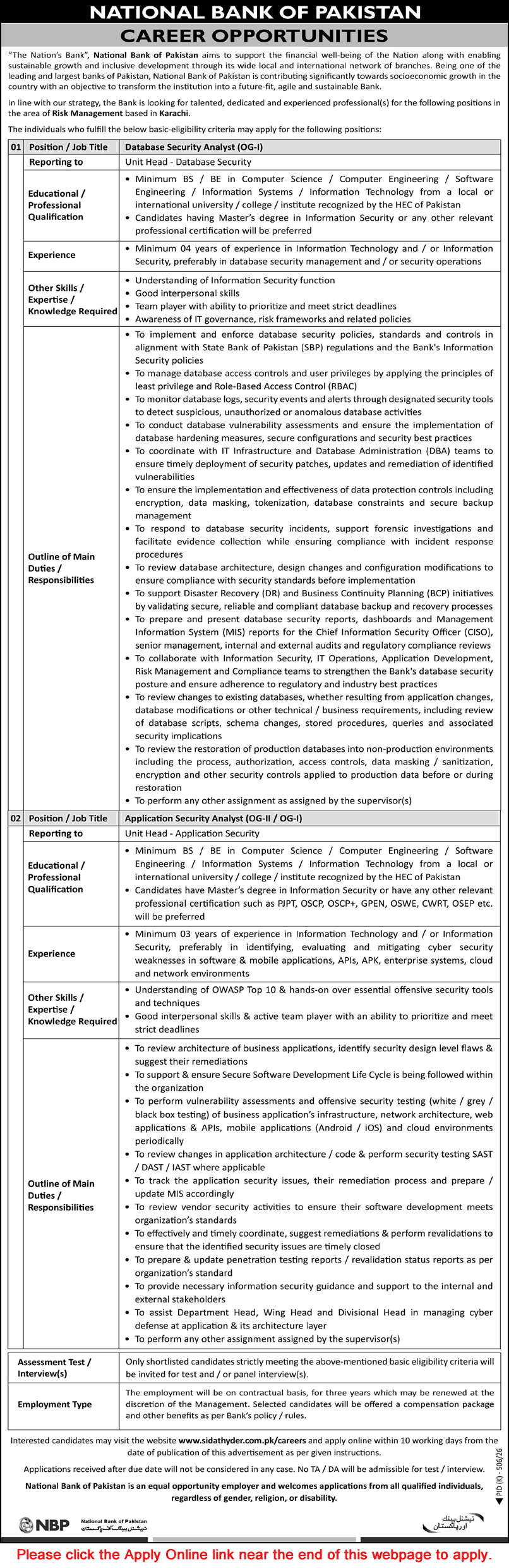 National Bank of Pakistan Jobs August 2026 Apply Online Database Security Analyst & Application Security Analyst NBP Latest