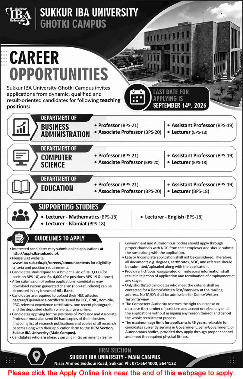 Sukkur IBA University Ghotki Campus Jobs August 2026 Apply Online Teaching Faculty Latest