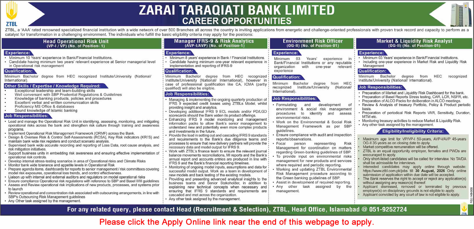 ZTBL Jobs August 2026 Apply Online Zarai Taraqiati Bank Limited Latest