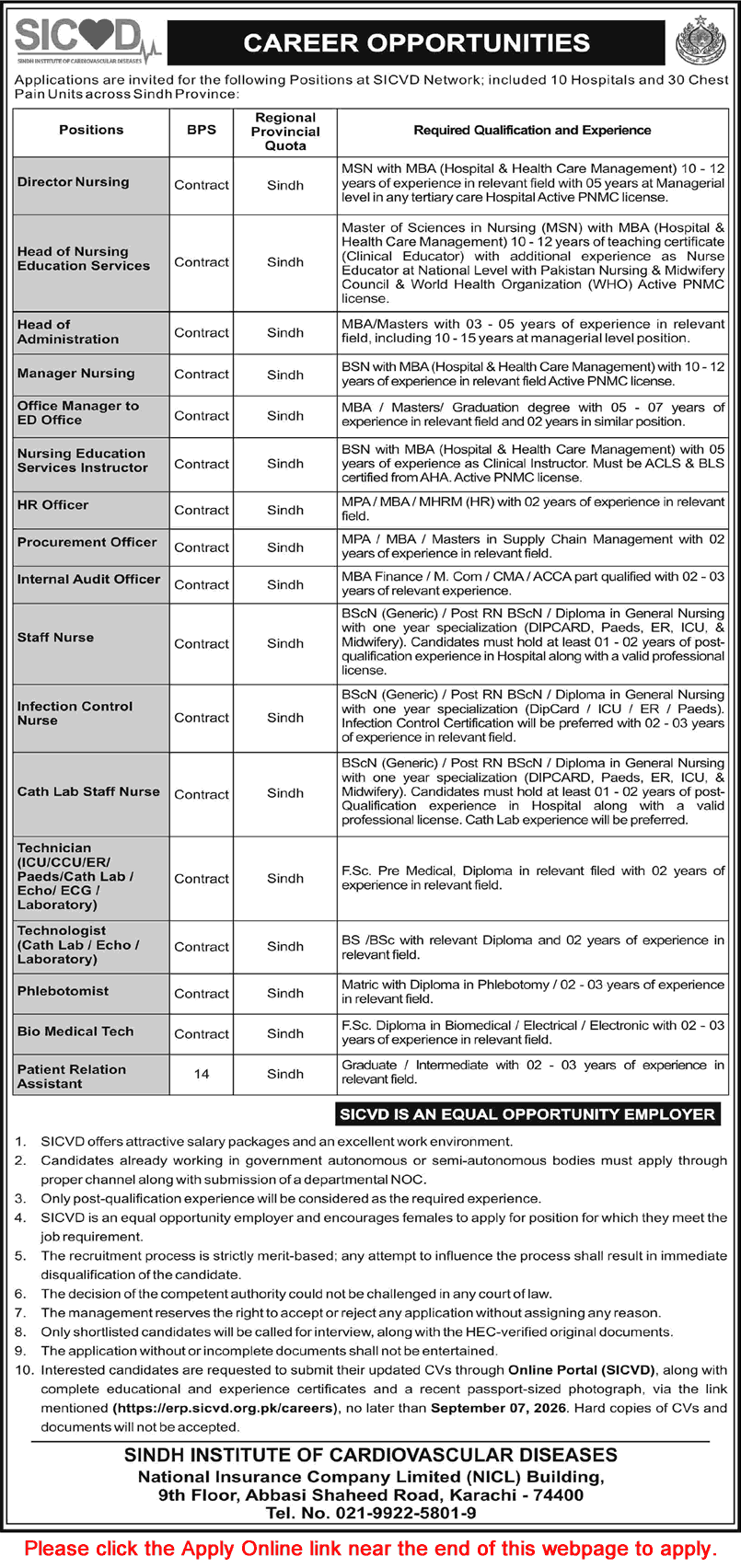 SICVD Jobs August 2026 Apply Online Staff Nurses, Medical Technicians & Others Sindh Institute of Cardiovascular Diseases Latest