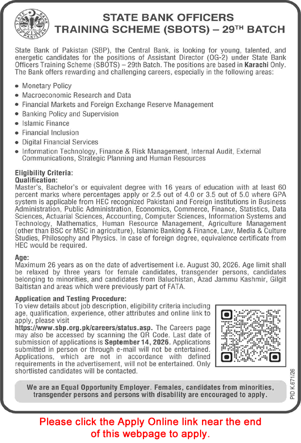 State Bank Officers Training Scheme 2026 August / September Apply Online SBP Assistant Director Jobs SBOTS Latest