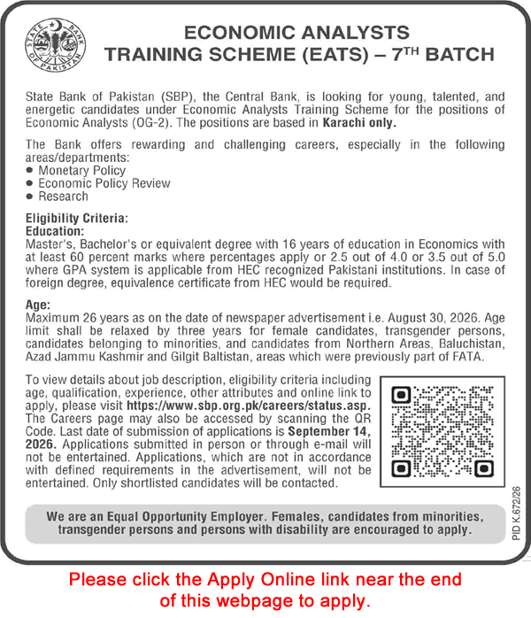 State Bank of Pakistan Jobs August 2026 September Apply Online Economic Analysts Training Scheme Latest