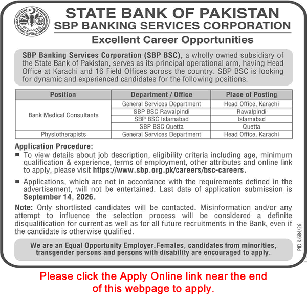 State Bank of Pakistan Jobs August 2026 September Apply Online Bank Medical Consultants & Physiotherapists Latest