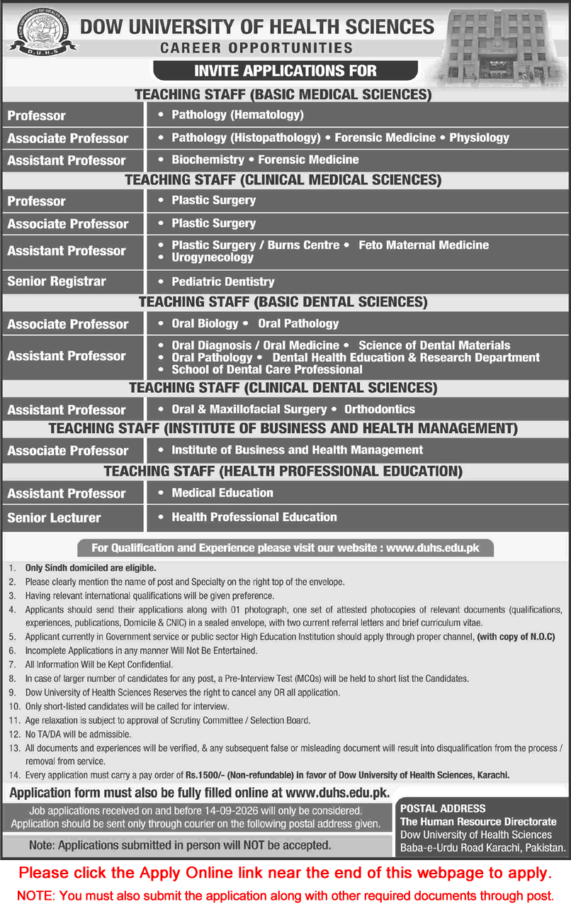 Dow University of Health Sciences Karachi Jobs August 2026 September Apply Online Teaching Faculty DUHS Latest