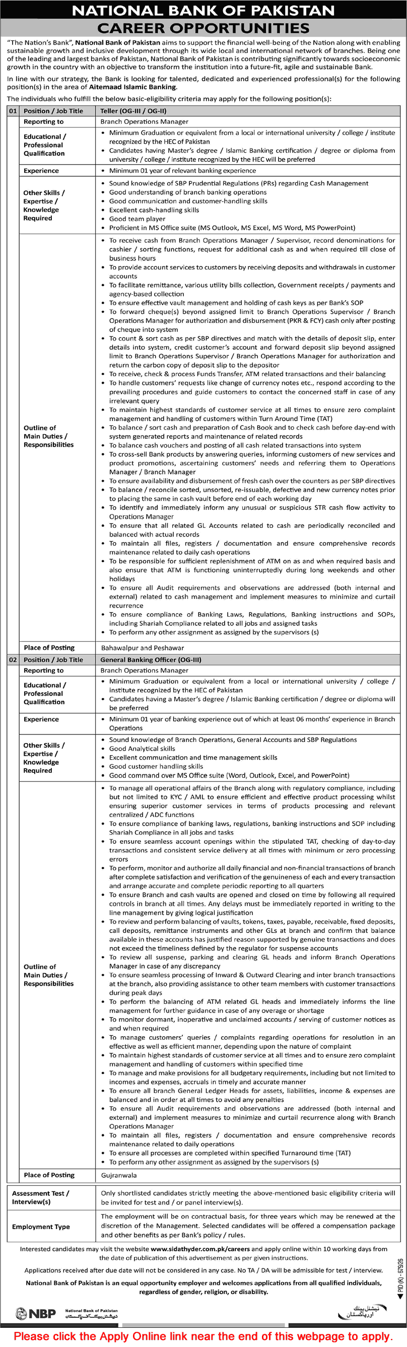 National Bank of Pakistan Jobs August 2026 September Apply Online Tellers & General Banking Officers NBP Latest