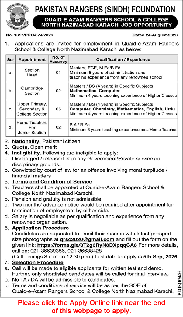 Quaid e Azam Rangers School and College Karachi Jobs August 2026 September Apply Online Teachers Head Latest